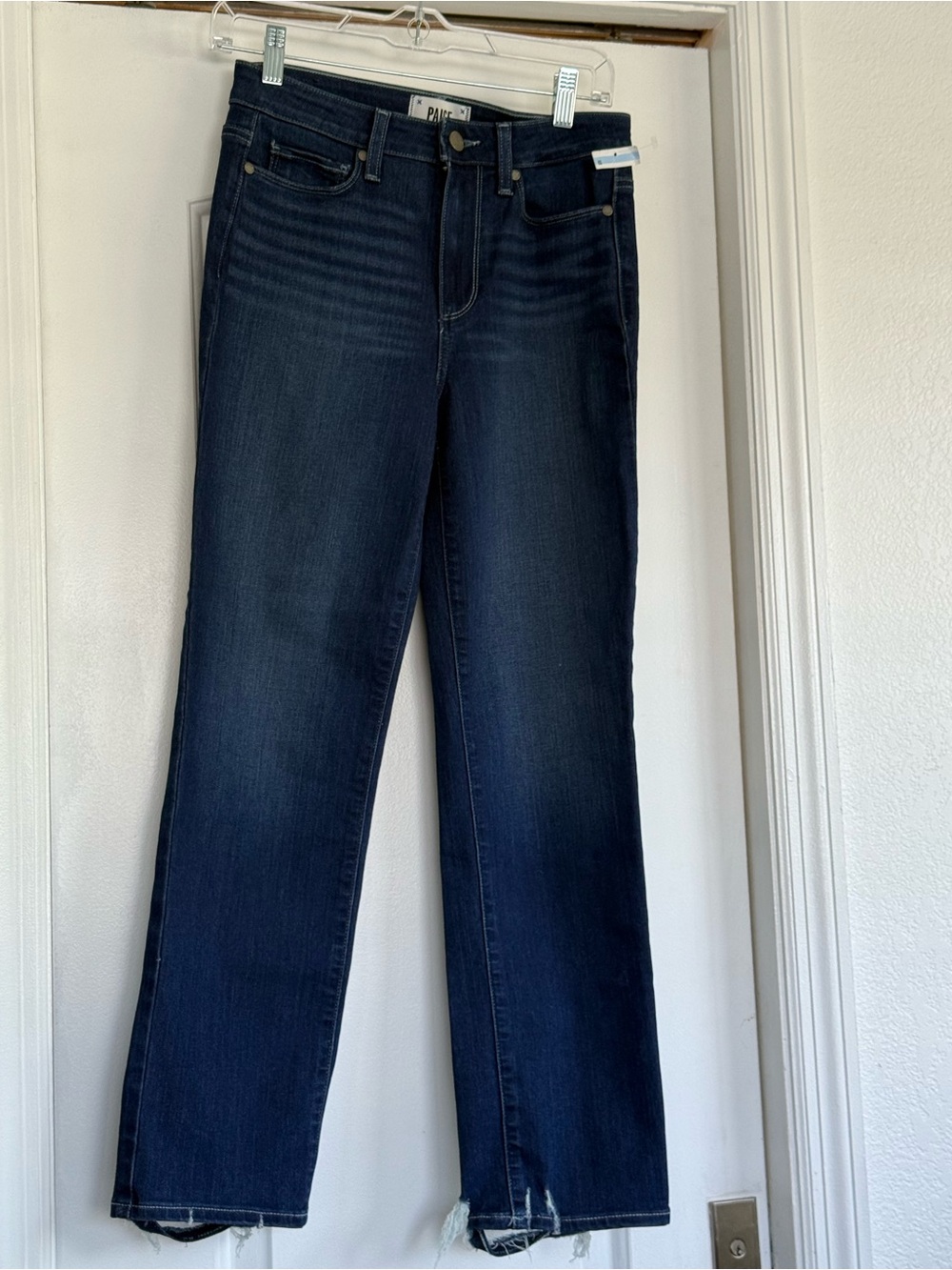 PAIGE Dark Blue Boot-Cut Jeans with Frayed Hem